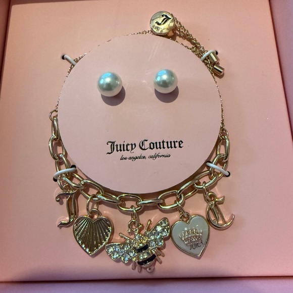 Juicy Couture Jewelry - Juicy Couture Gold Colored CharmNecklace with Pearl Colored Earrings (NIB)